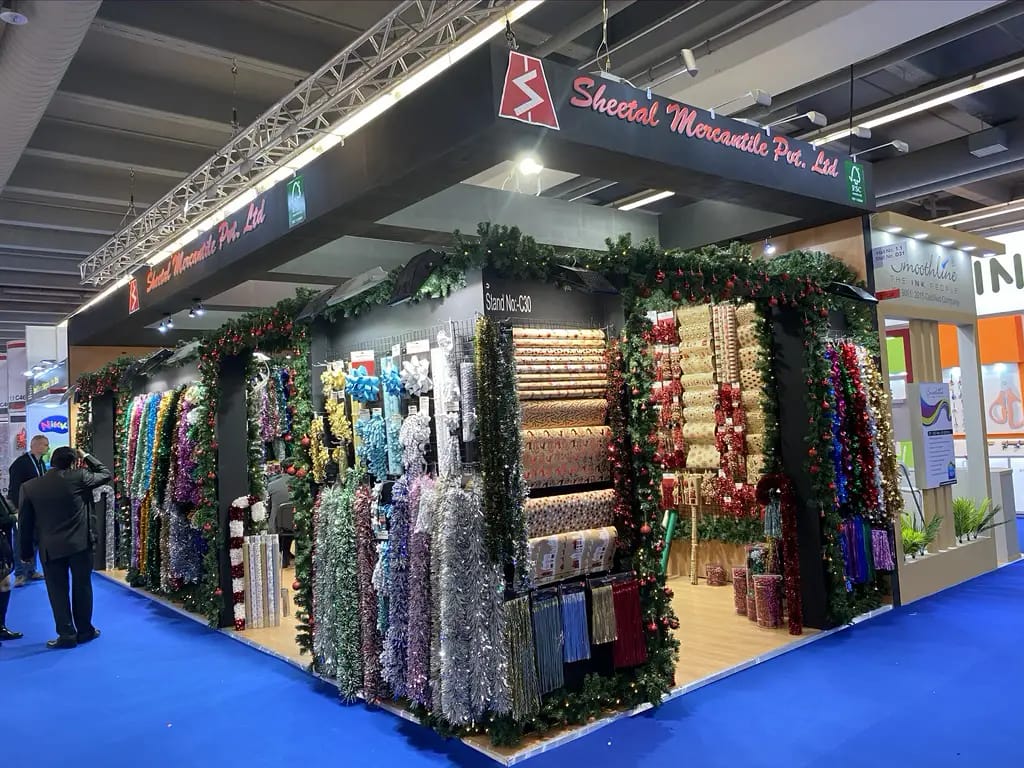 Modern exhibition stand with custom branding and lighting