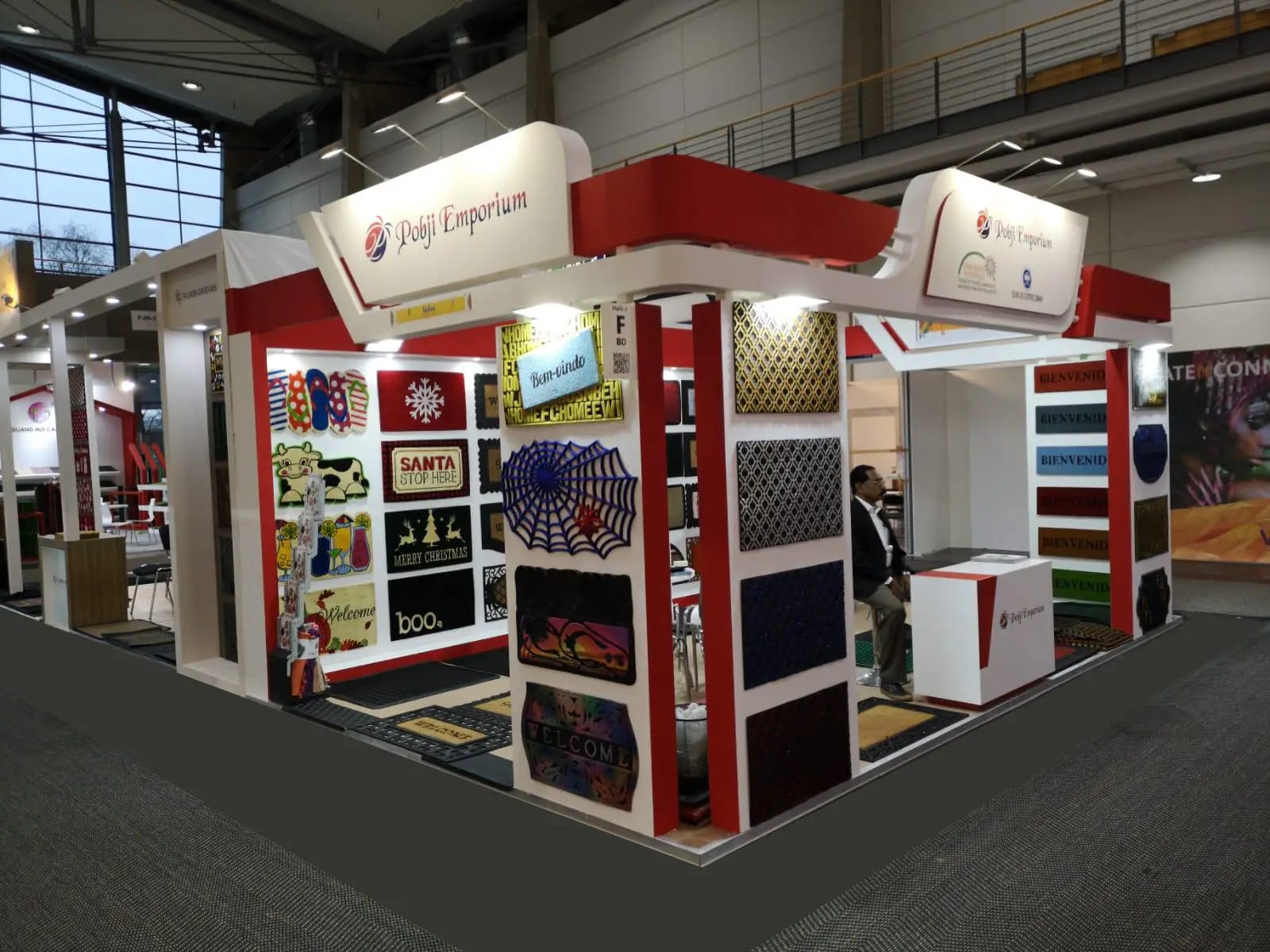 Minimalist exhibition booth with branded product displays