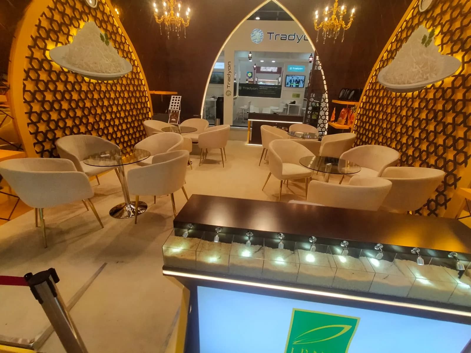 LRNK stand with lattice arches and chandeliers at Gulfood 2026, Dubai