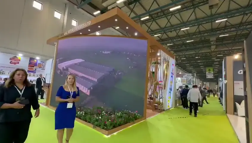 Wooden stand with a large LED wall at WorldFood Istanbul.
