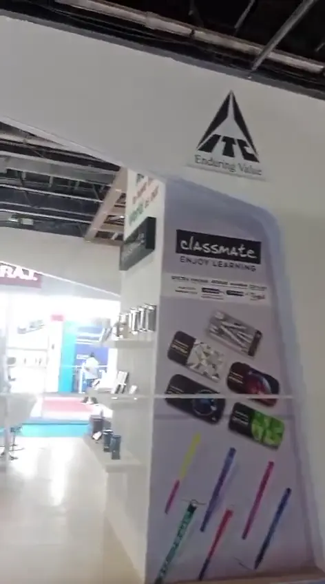Stationery brand stand with wooden shelving, Paperworld Middle East 2025, Dubai.